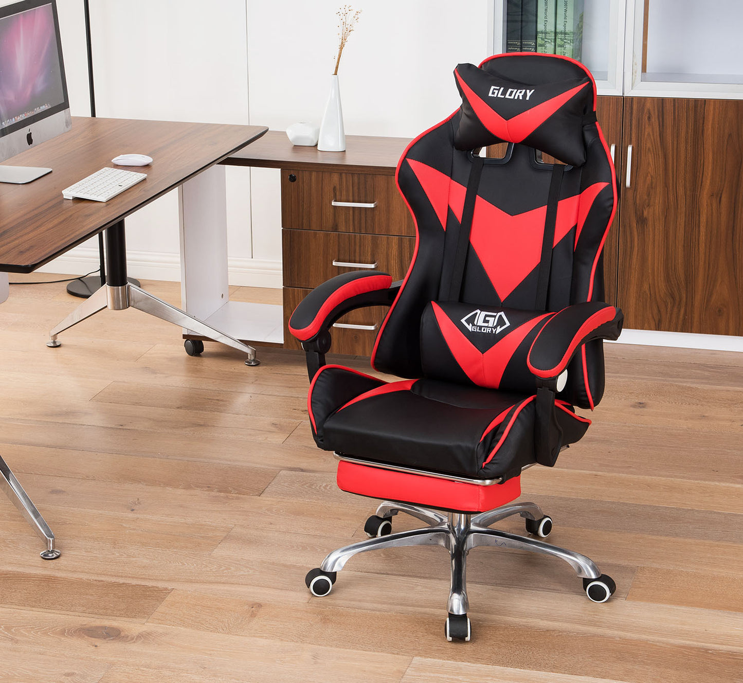 Glory Advanced Deluxe Executive High Back Gaming Reclining Office Chair with Footrest (Red & Black) - Dshop.com.au