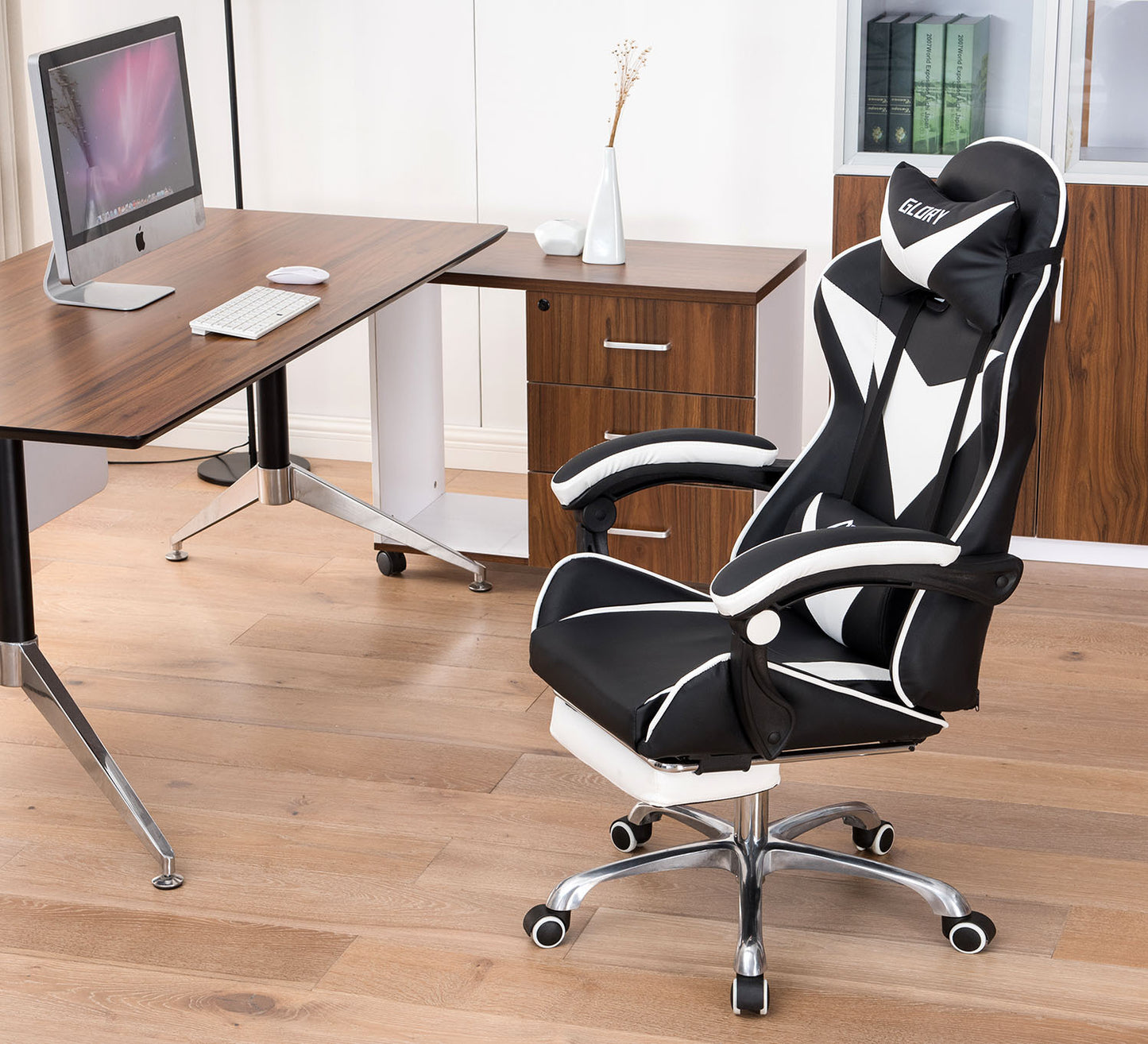Glory Advanced Deluxe Executive High Back Gaming Reclining Office Chair with Footrest (White & Black) - Dshop.com.au