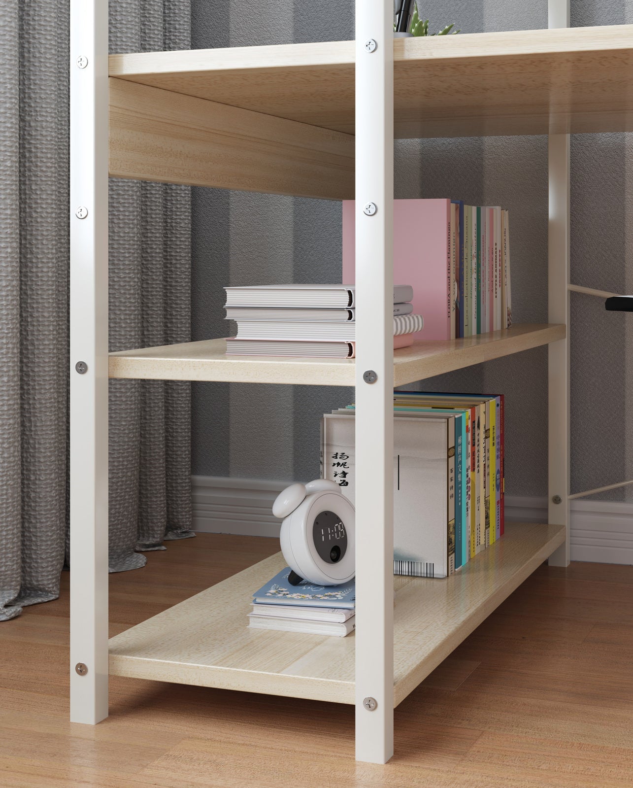 Exceeder Large Workstation Wood & Steel Computer Desk with Storage Shelves (White Oak)