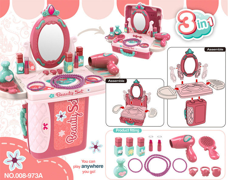 3 in 1 Beauty Dresser Vanity Table Kids Pretend Play Toy Set - Dshop.com.au