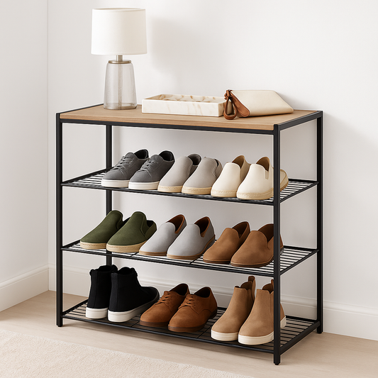 Vita 4-Tier Wood & Metal Shoe Rack Storage Shelf Organiser (Rustic Oak)