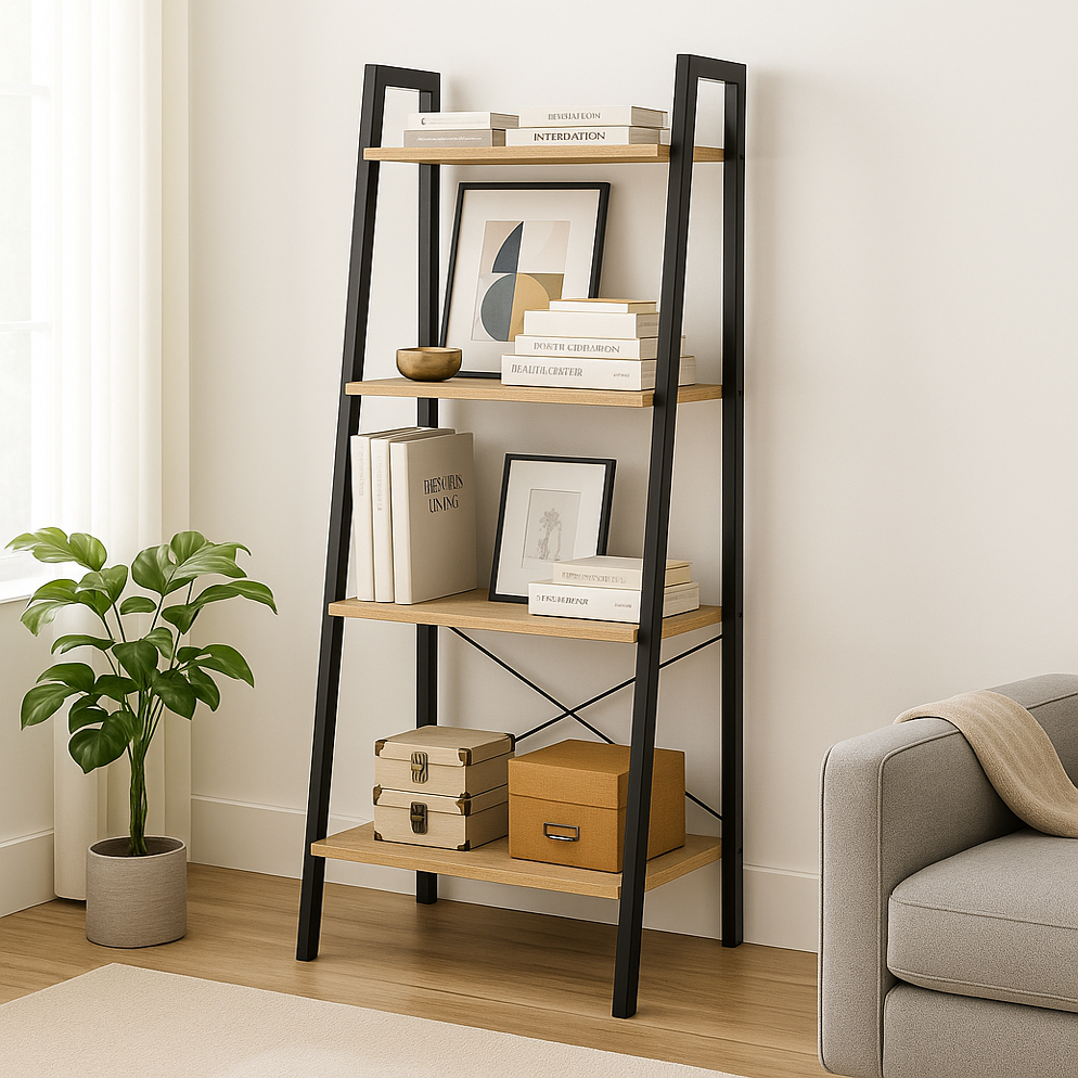 Elevate Rustic Oak 4-Tier Ladder Shelf Wood & Metal Bookcase Storage Organizer