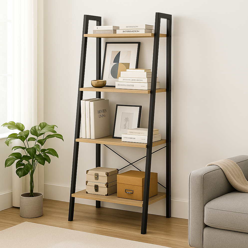 Elevate Rustic Oak 4-Tier Ladder Shelf Wood & Metal Bookcase Storage Organizer