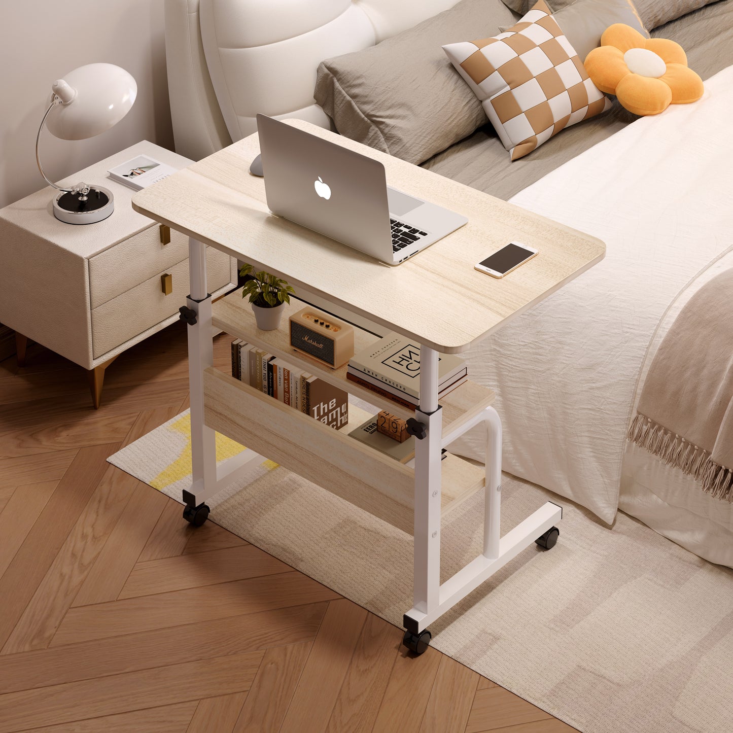 Calibre 2-tier Sofa Bed Side Table Laptop Desk with Shelves and Wheels (White)