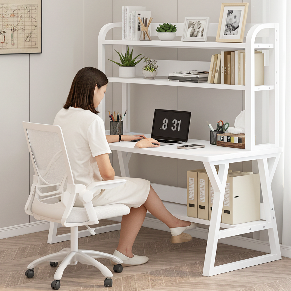 Aspire Large Industrial Office Computer Desk Workstation with Bookshelf (White)