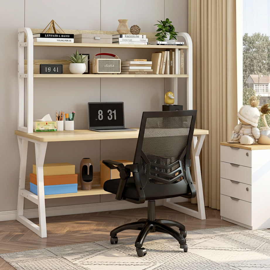 Aspire Large Industrial Office Computer Desk Workstation with Bookshelf (White Oak)