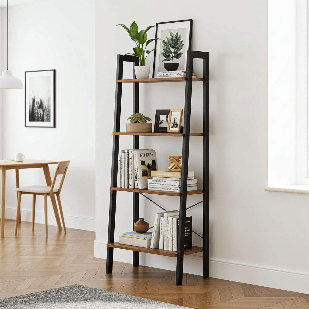 Elevate Rustic Wood & Metal 4-Tier Ladder Shelf Bookcase Storage Organizer