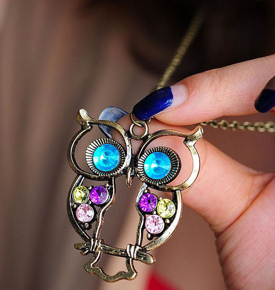 Vintage Cute Large Owl Necklace Pendant & Long Chain - Dshop.com.au