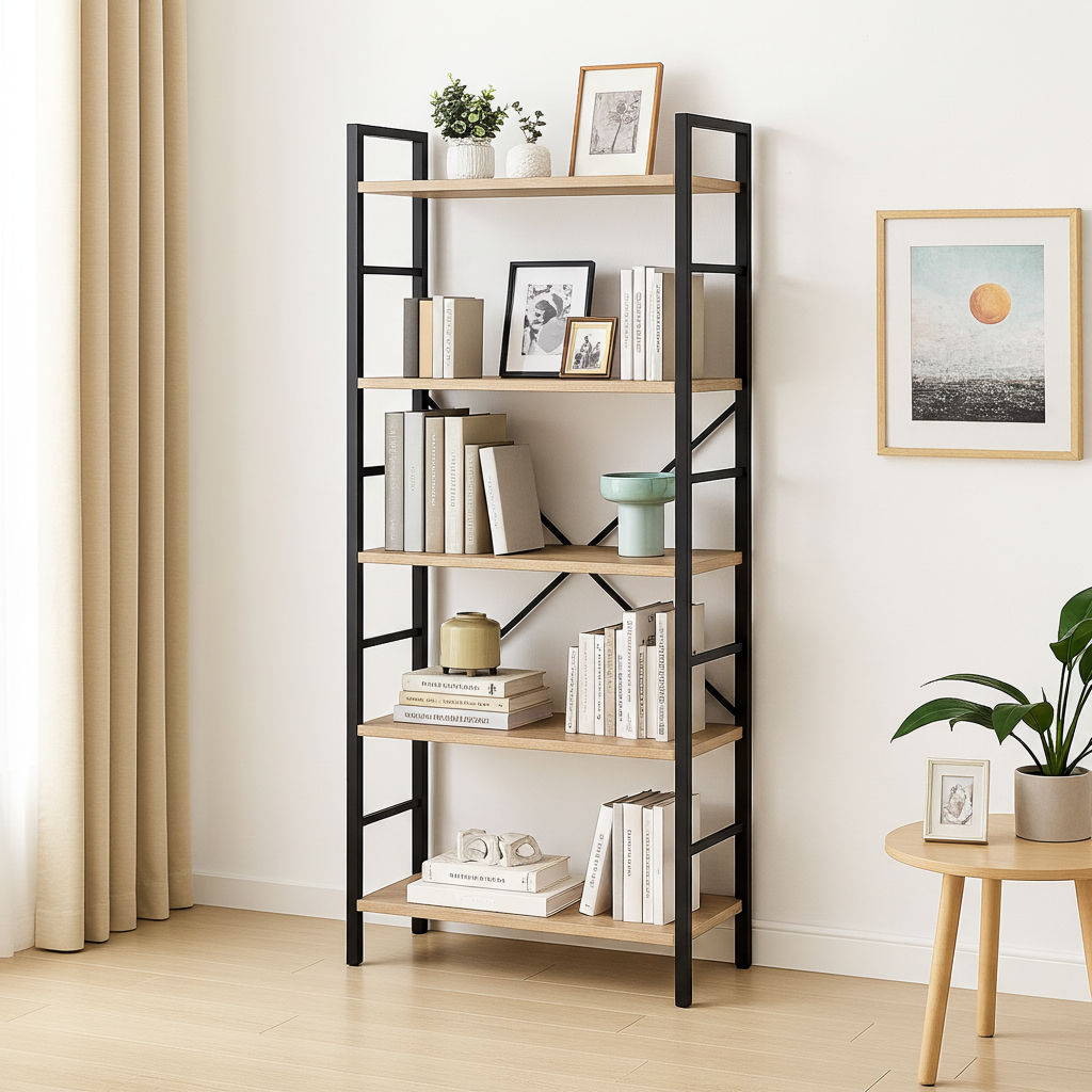 5 Tier Multifunction Heavy Duty Bookcase Wood & Steel Storage Shelf Organizer (Coastal Oak)