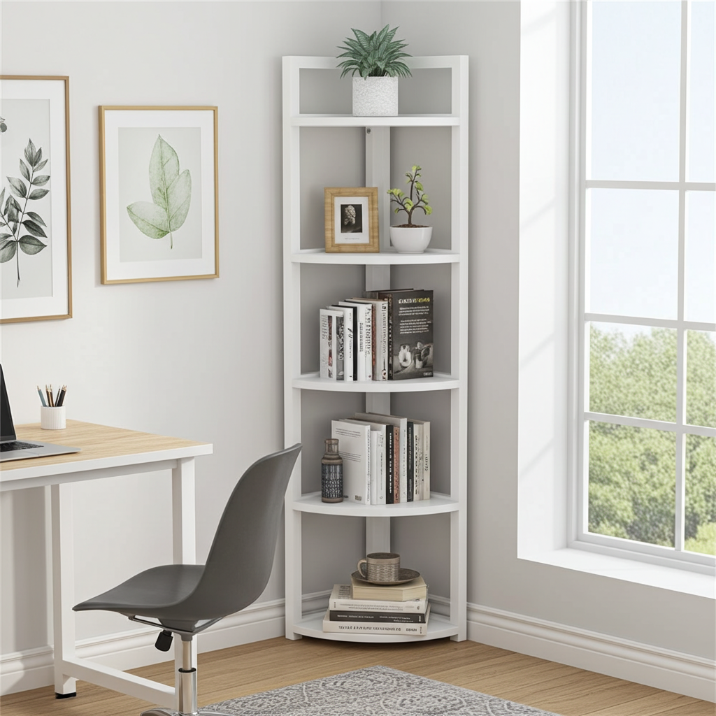 Optima 5 Tier Wood & Steel Corner Shelf Organizer Unit (White)