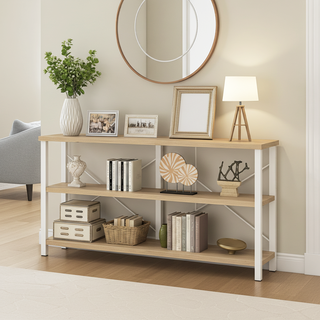 Serenity Industrial Console Table Bookcase TV Stand Storage Shelf Unit (Coastal Oak)