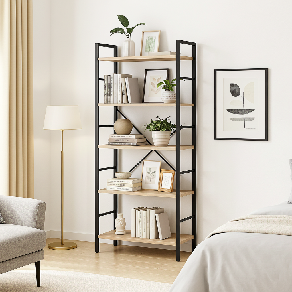 5 Tier Multifunction Heavy Duty Bookcase Wood & Steel Storage Shelf Organizer (Coastal Oak)