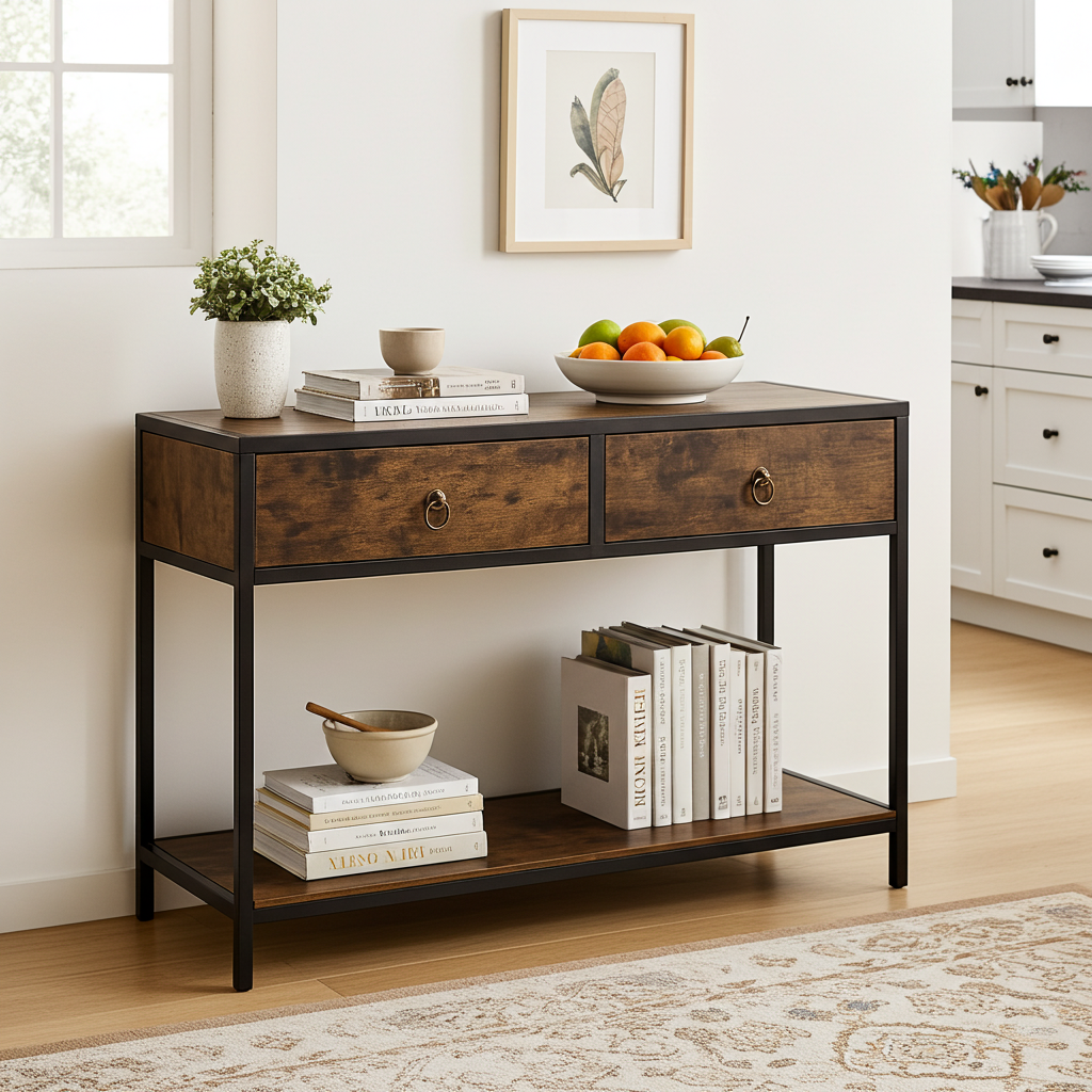 Essence Rustic Console Table with Drawers Hallway Entry Storage Shelf
