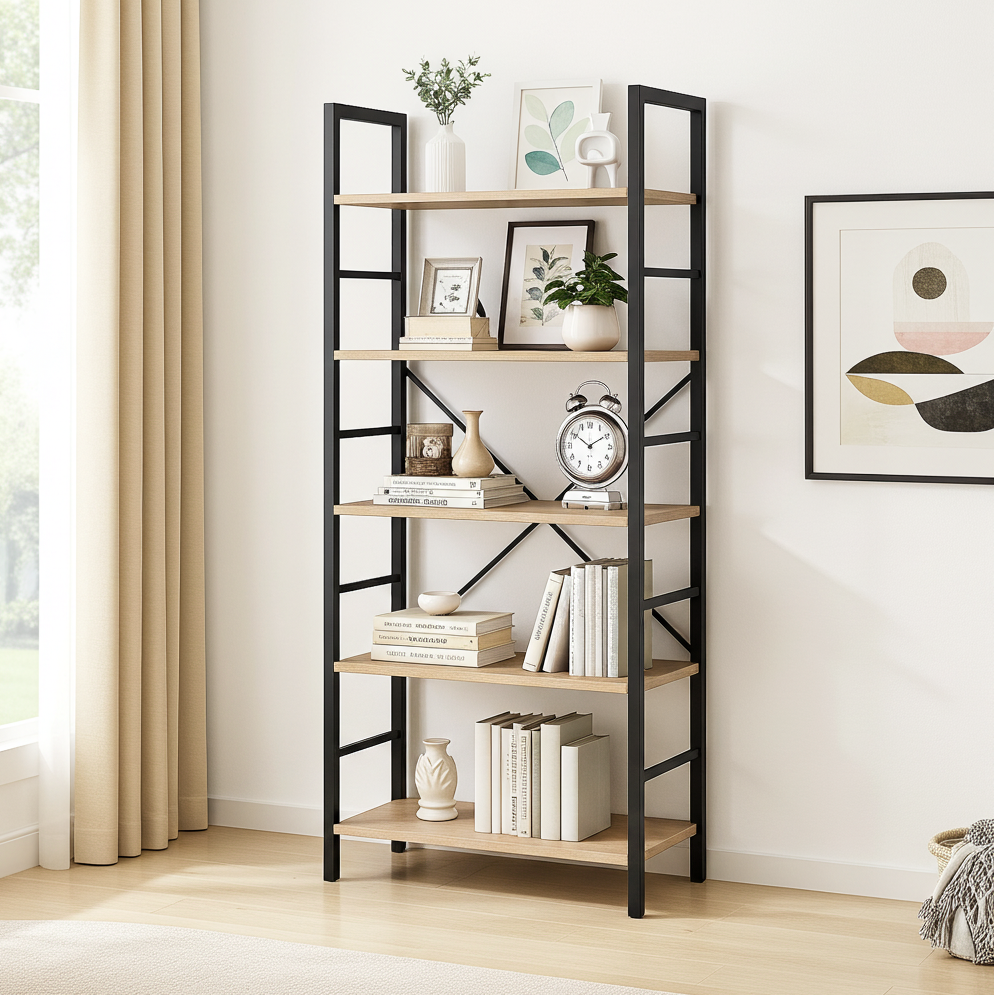 5 Tier Multifunction Heavy Duty Bookcase Wood & Steel Storage Shelf Organizer (Coastal Oak)
