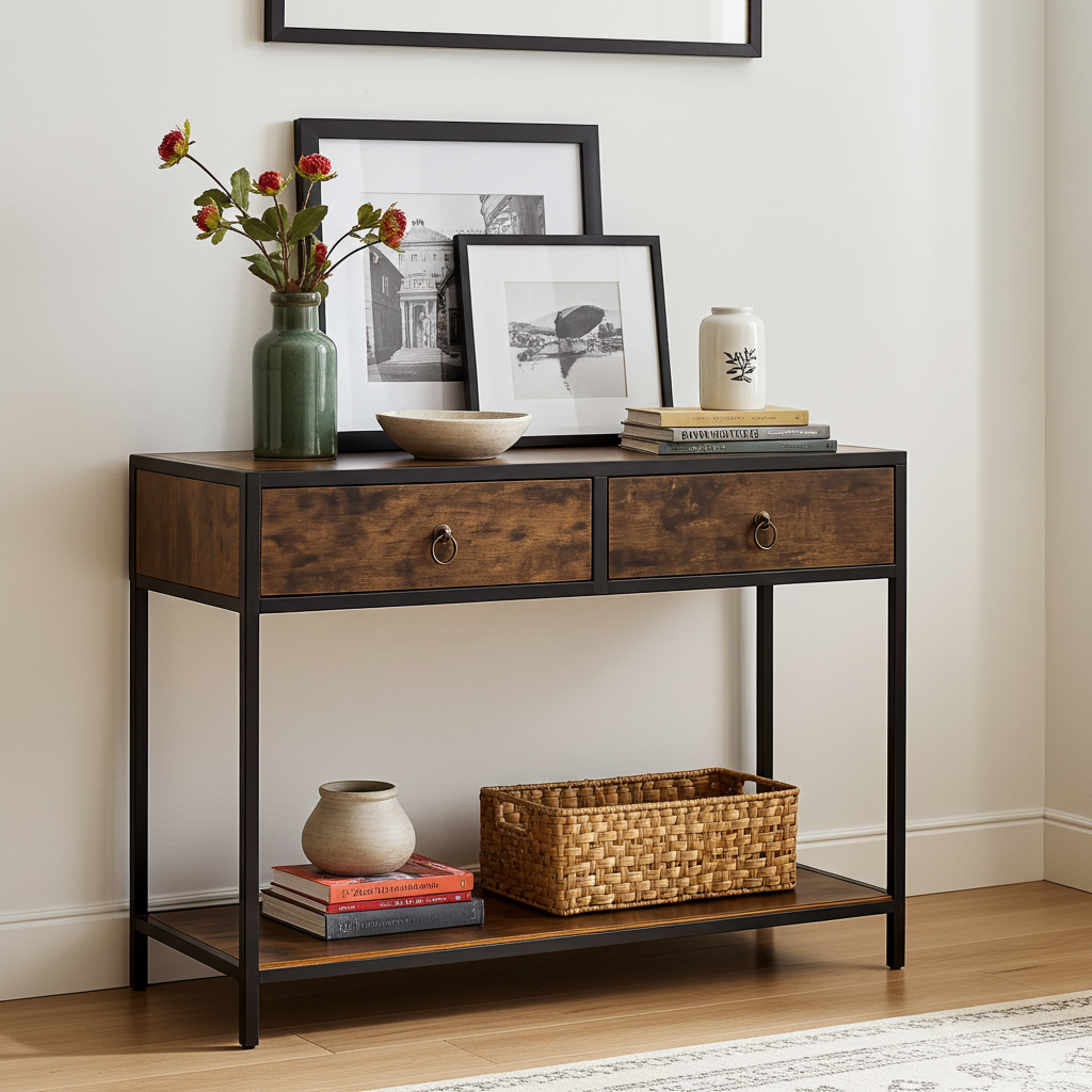 Essence Rustic Console Table with Drawers Hallway Entry Storage Shelf