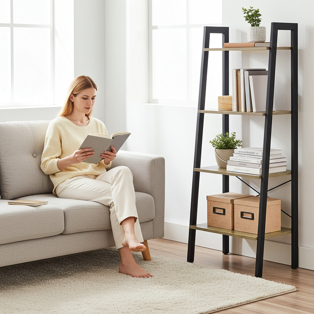 Elevate Rustic Oak 4-Tier Ladder Shelf Wood & Metal Bookcase Storage Organizer