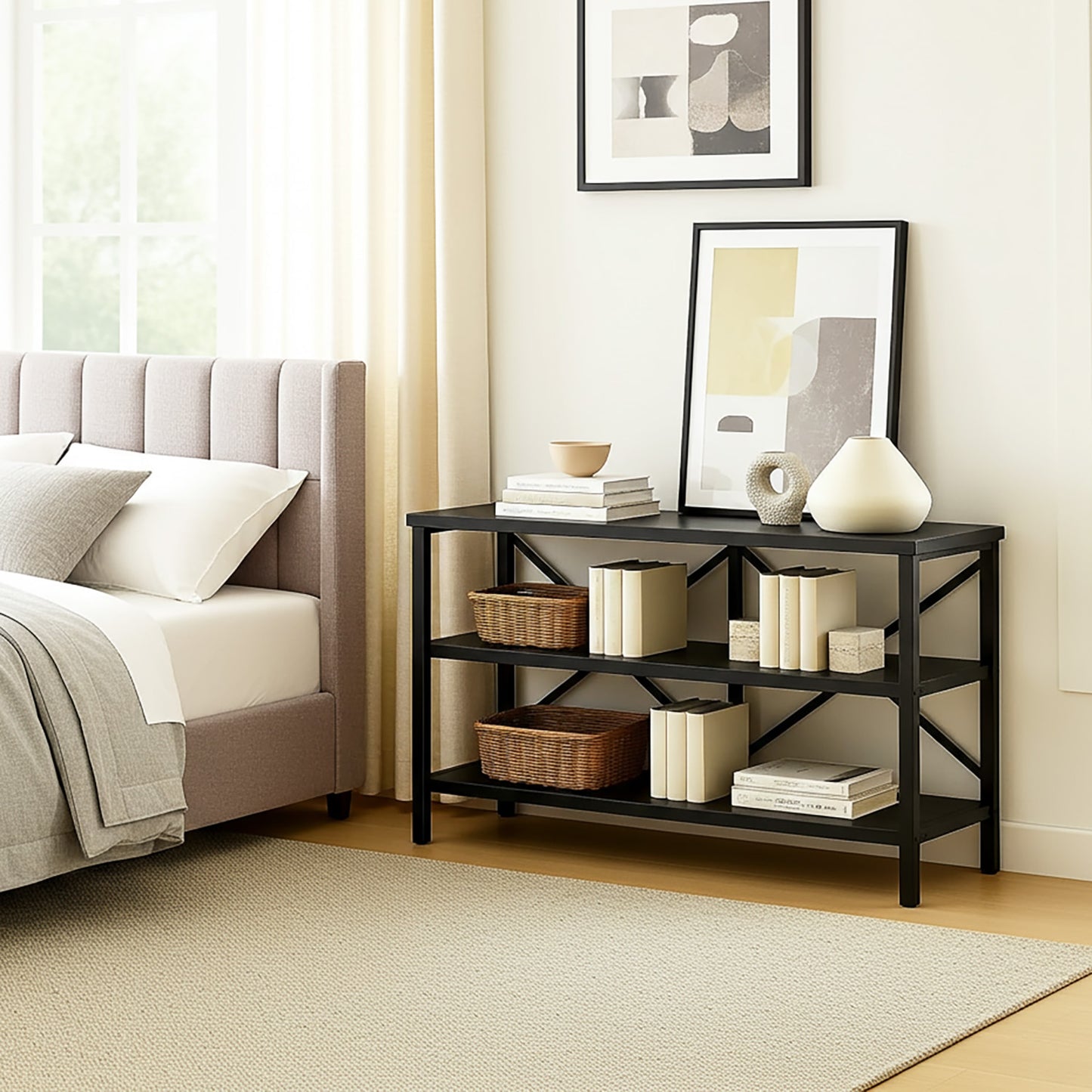 Serenity Industrial Console Table Bookcase TV Stand Storage Shelf Unit (Black)