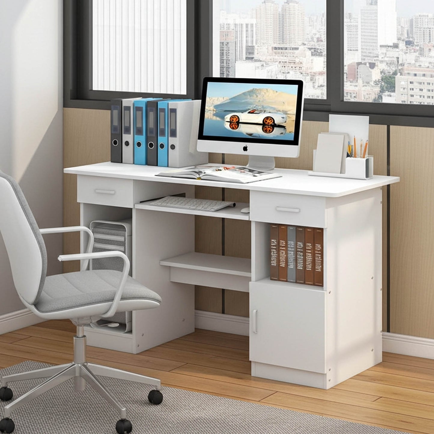 Executive Office Computer Desk with Drawers, Cabinet, Shelves (White)