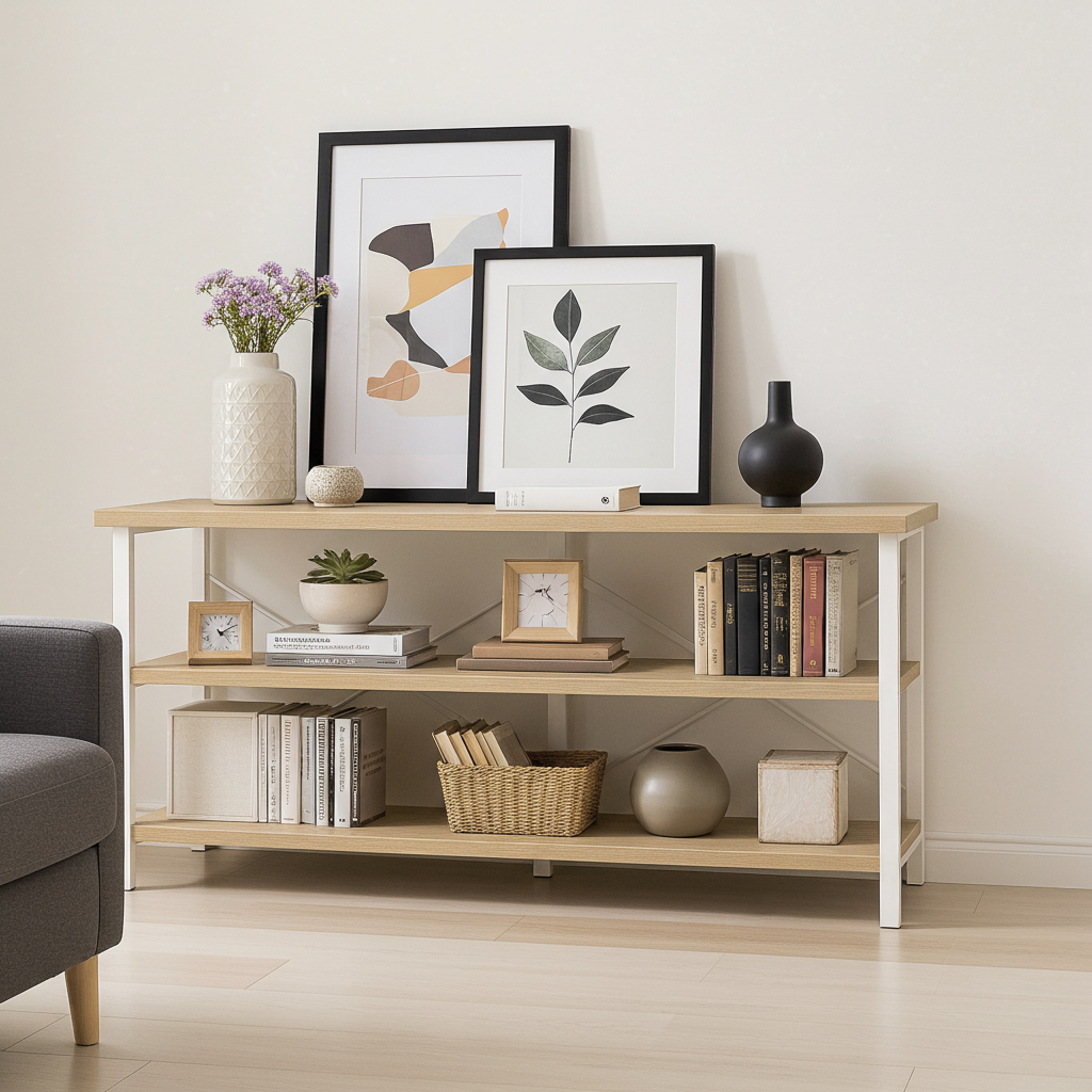Serenity Industrial Console Table Bookcase TV Stand Storage Shelf Unit (Coastal Oak)