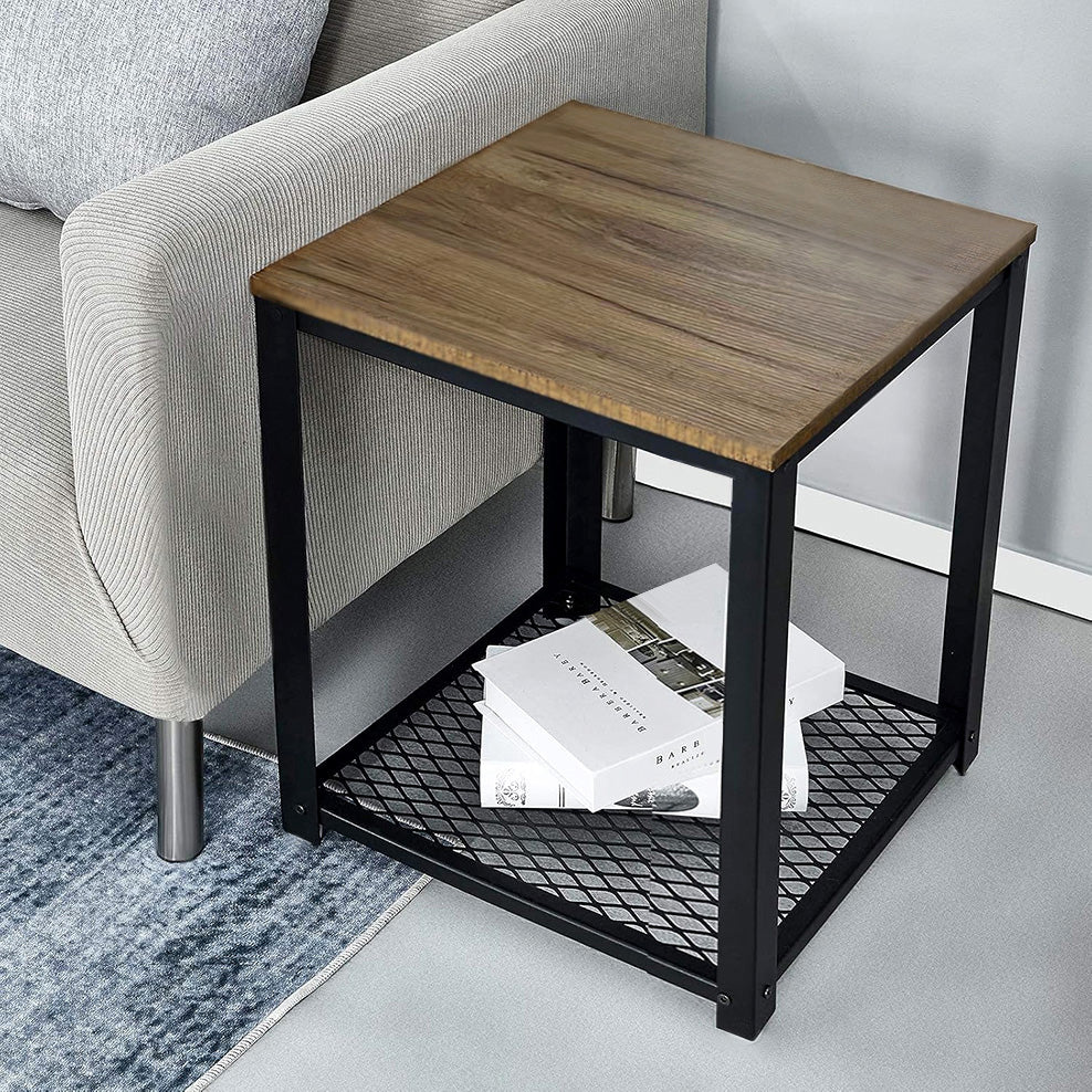 Loft Rustic Oak Industrial Wood & Steel Side Table with Storage Shelf