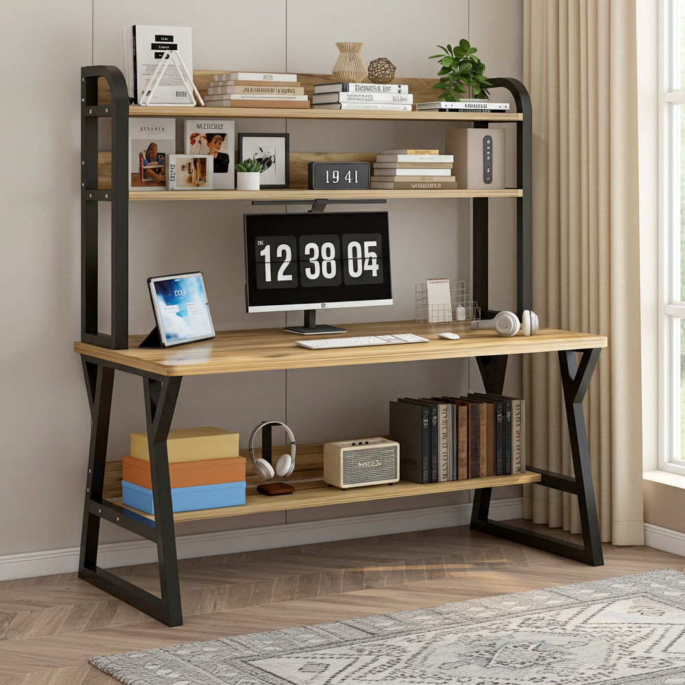 Aspire Large Industrial Office Computer Desk Workstation with Bookshelf (Oak)