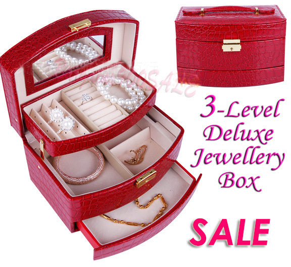 Large Luxury PU Leather Jewellery Box Storage Case (Red) - Dshop.com.au