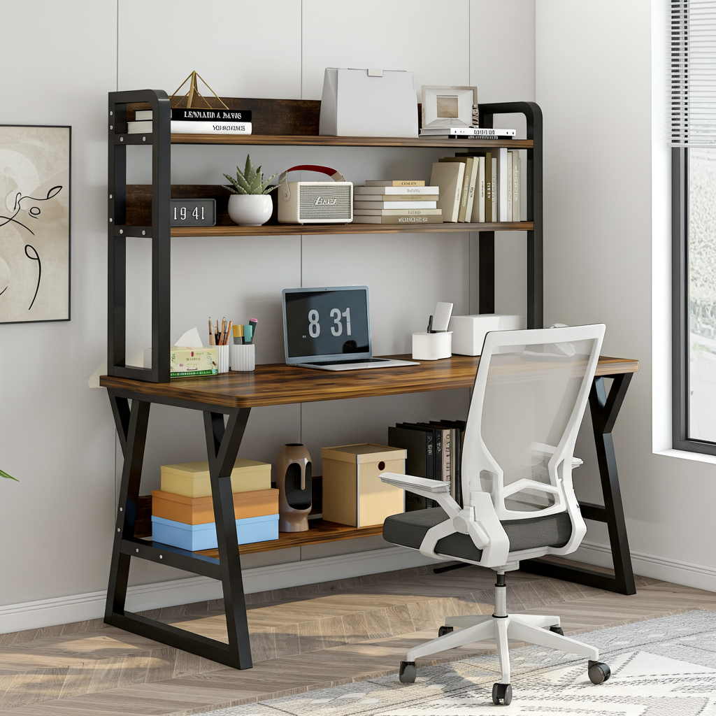 Aspire Large Industrial Office Computer Desk Workstation with Bookshelf (Rustic Wood)