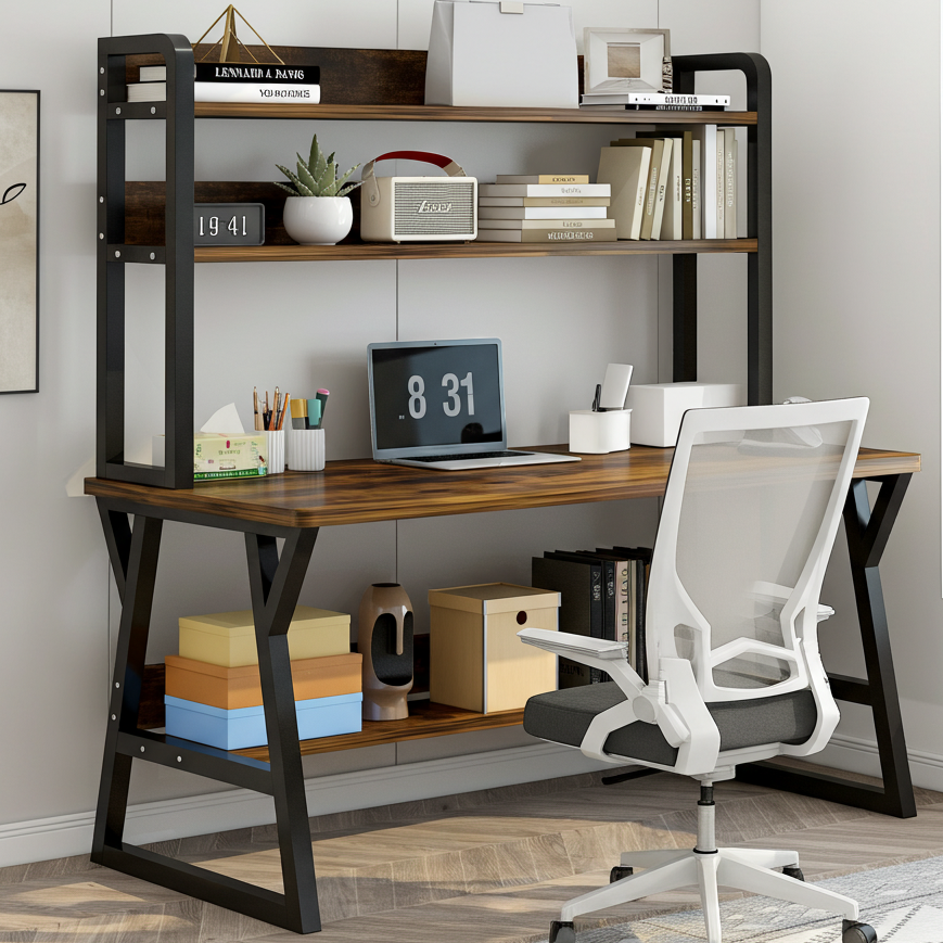 Aspire Large Industrial Office Computer Desk Workstation with Bookshelf (Rustic Wood)