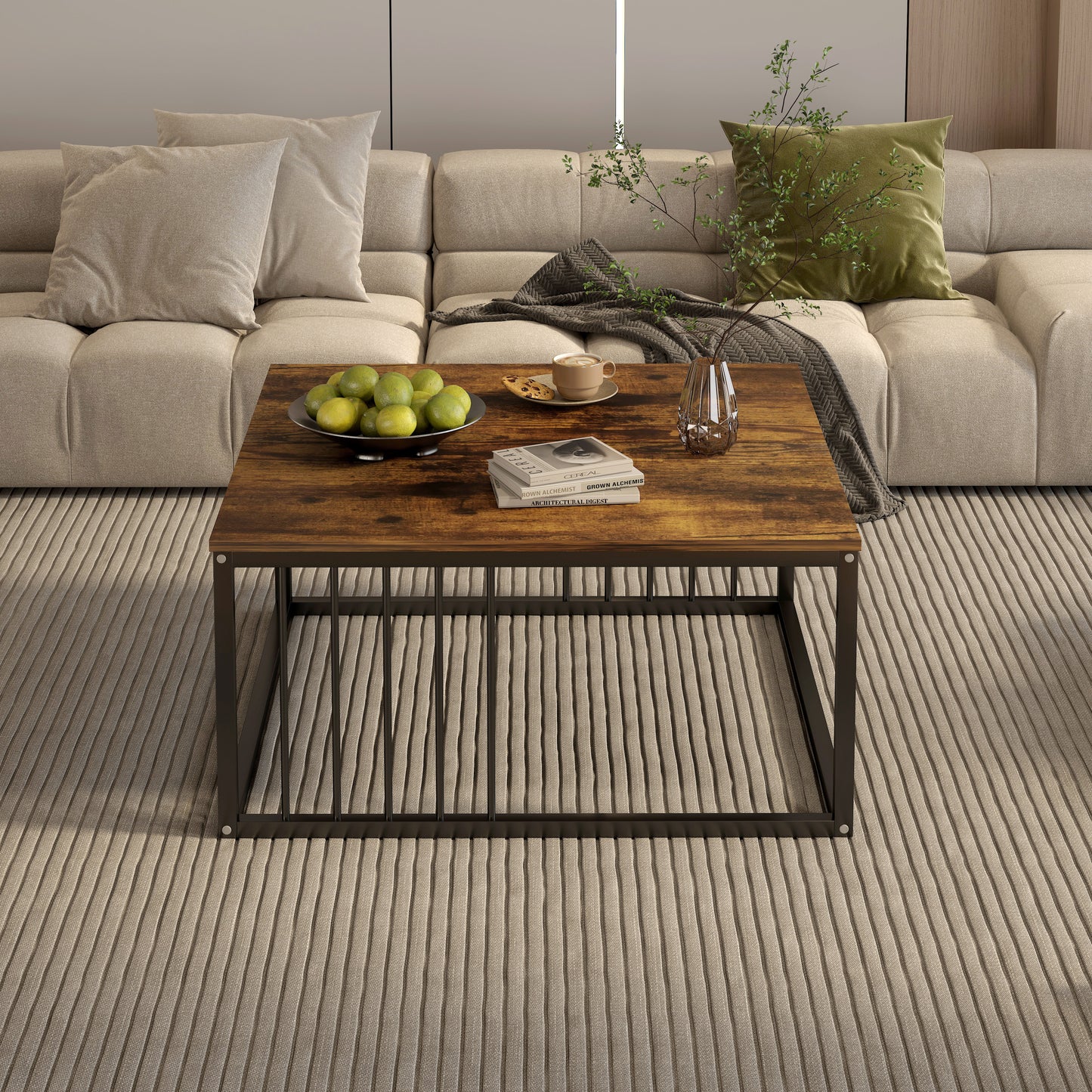 Urban Industrial Modern Rustic Wood and Metal Square Coffee Table