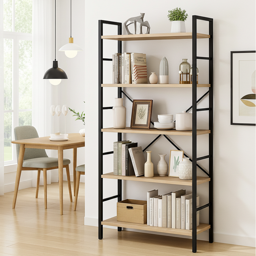 5 Tier Multifunction Heavy Duty Bookcase Wood & Steel Storage Shelf Organizer (Coastal Oak)