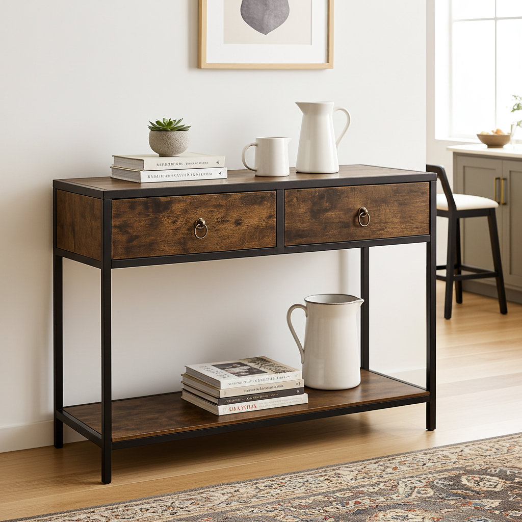 Essence Rustic Console Table with Drawers Hallway Entry Storage Shelf