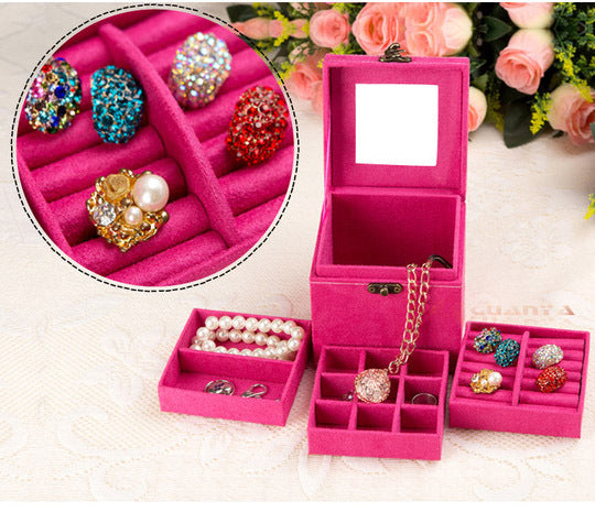 Deluxe Velvet Jewellery Box 3 Level Organiser Hot Pink - Dshop.com.au