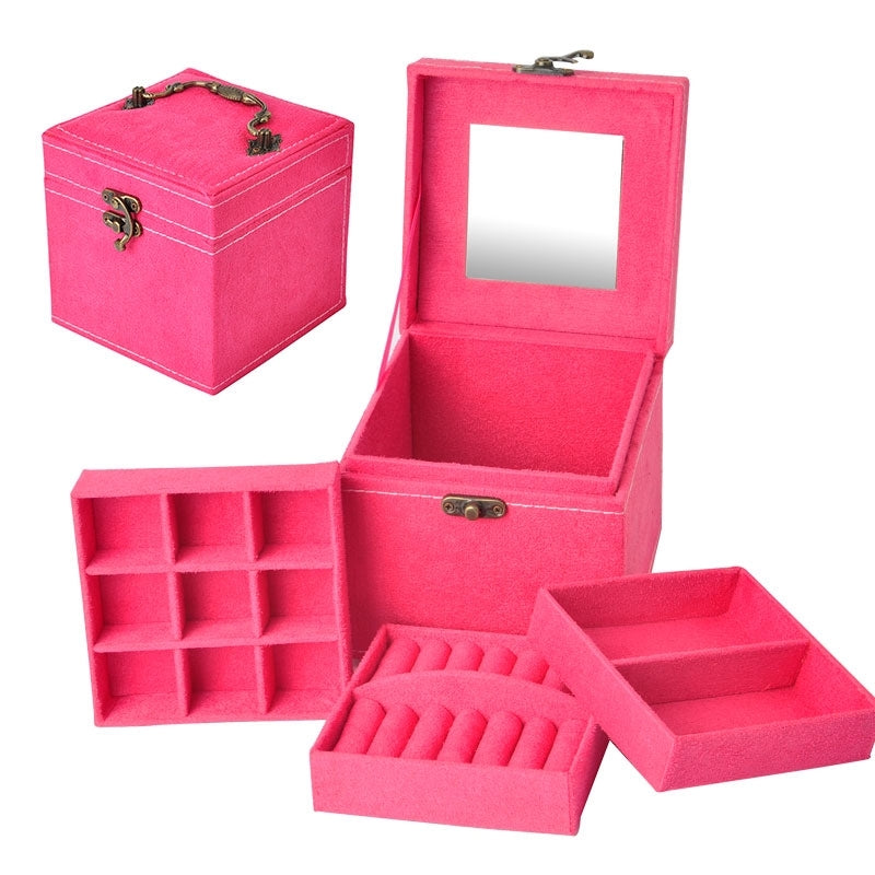 Deluxe Velvet Jewellery Box 3 Level Organiser Hot Pink - Dshop.com.au