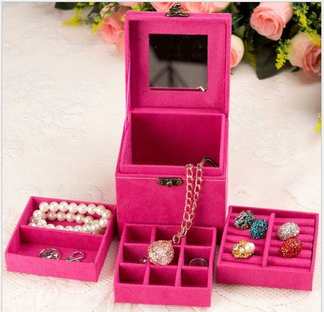 Deluxe Velvet Jewellery Box 3 Level Organiser Hot Pink - Dshop.com.au