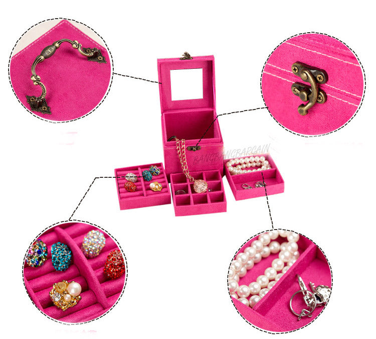 Deluxe Velvet Jewellery Box 3 Level Organiser Hot Pink - Dshop.com.au