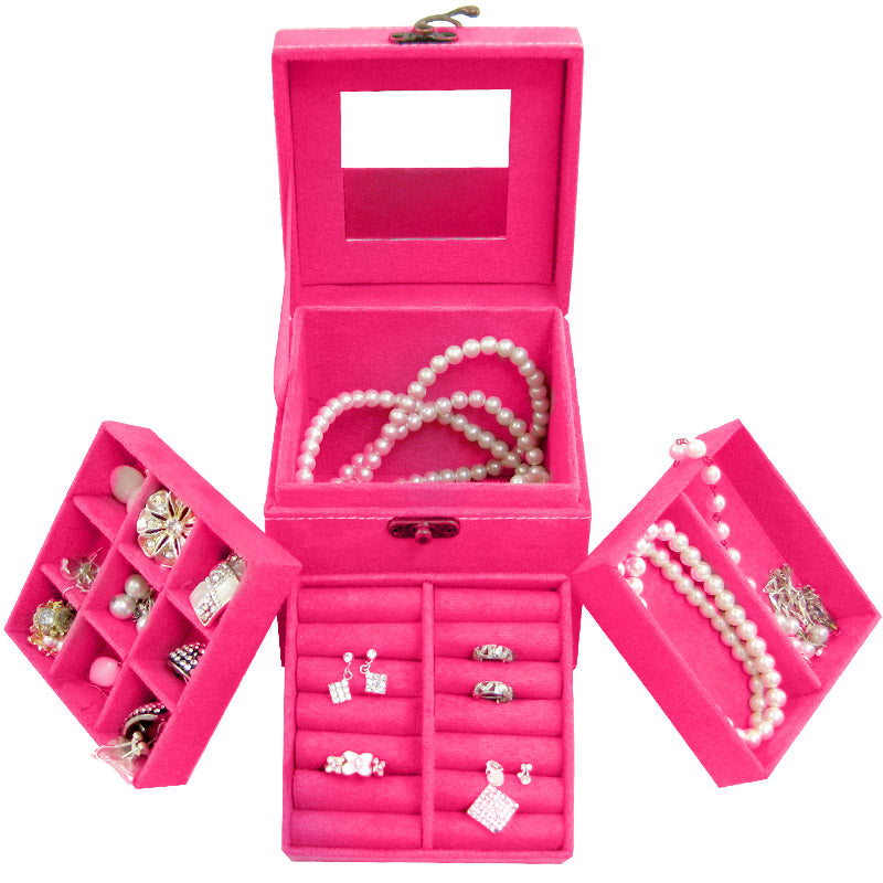 Deluxe Velvet Jewellery Box 3 Level Organiser Hot Pink - Dshop.com.au