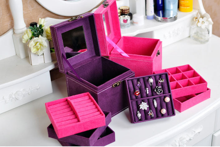 Deluxe Velvet Jewellery Box 3 Level Organiser Hot Pink - Dshop.com.au