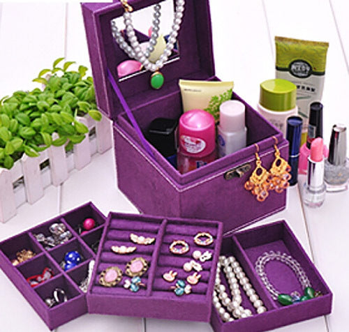 Deluxe Velvet Jewelry Box 3 Level Organiser Purple - Dshop.com.au