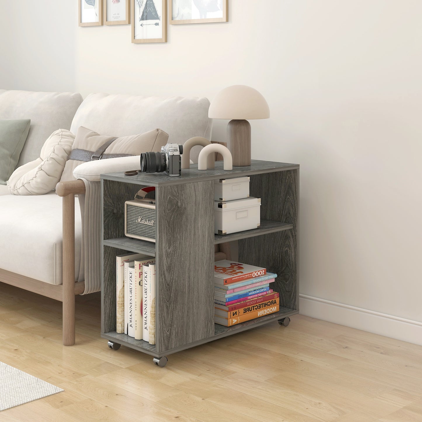 Versatile Sofa Side Table & Magazine Shelf with Casters (Driftwood Grey)