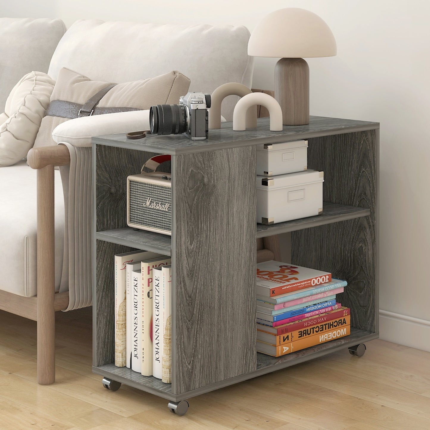 Versatile Sofa Side Table & Magazine Shelf with Casters (Driftwood Grey)