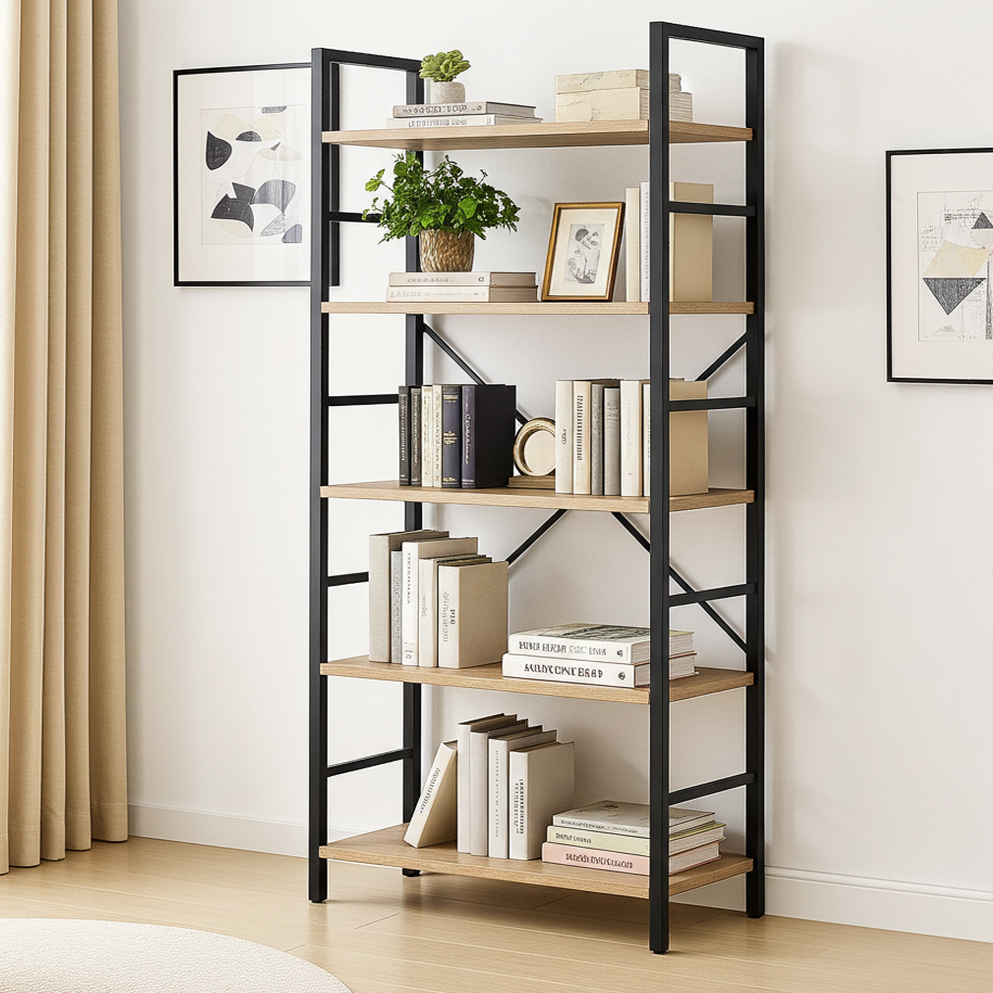 5 Tier Multifunction Heavy Duty Bookcase Wood & Steel Storage Shelf Organizer (Coastal Oak)