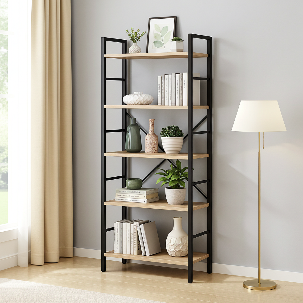 5 Tier Multifunction Heavy Duty Bookcase Wood & Steel Storage Shelf Organizer (Coastal Oak)