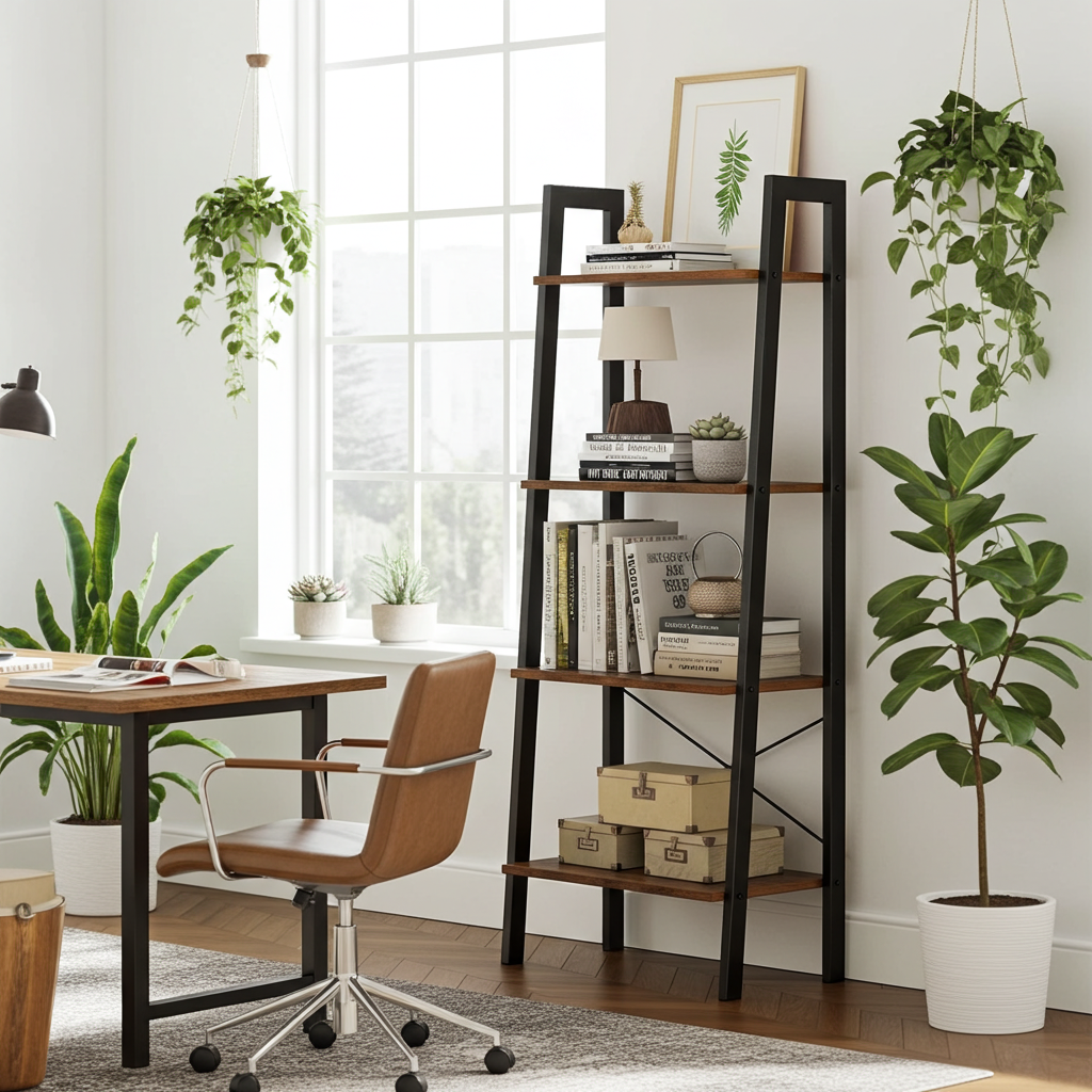 Elevate Rustic Wood & Metal 4-Tier Ladder Shelf Bookcase Storage Organizer