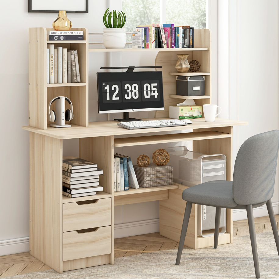 Expert Computer Desk Workstation with Shelf & Cabinet (White Oak)