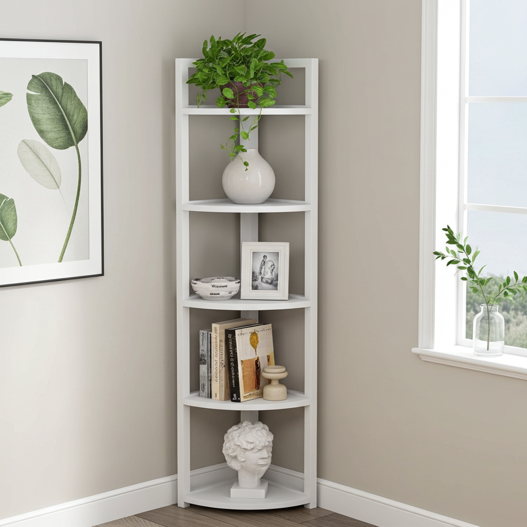 Optima 5 Tier Wood & Steel Corner Shelf Organizer Unit (White)