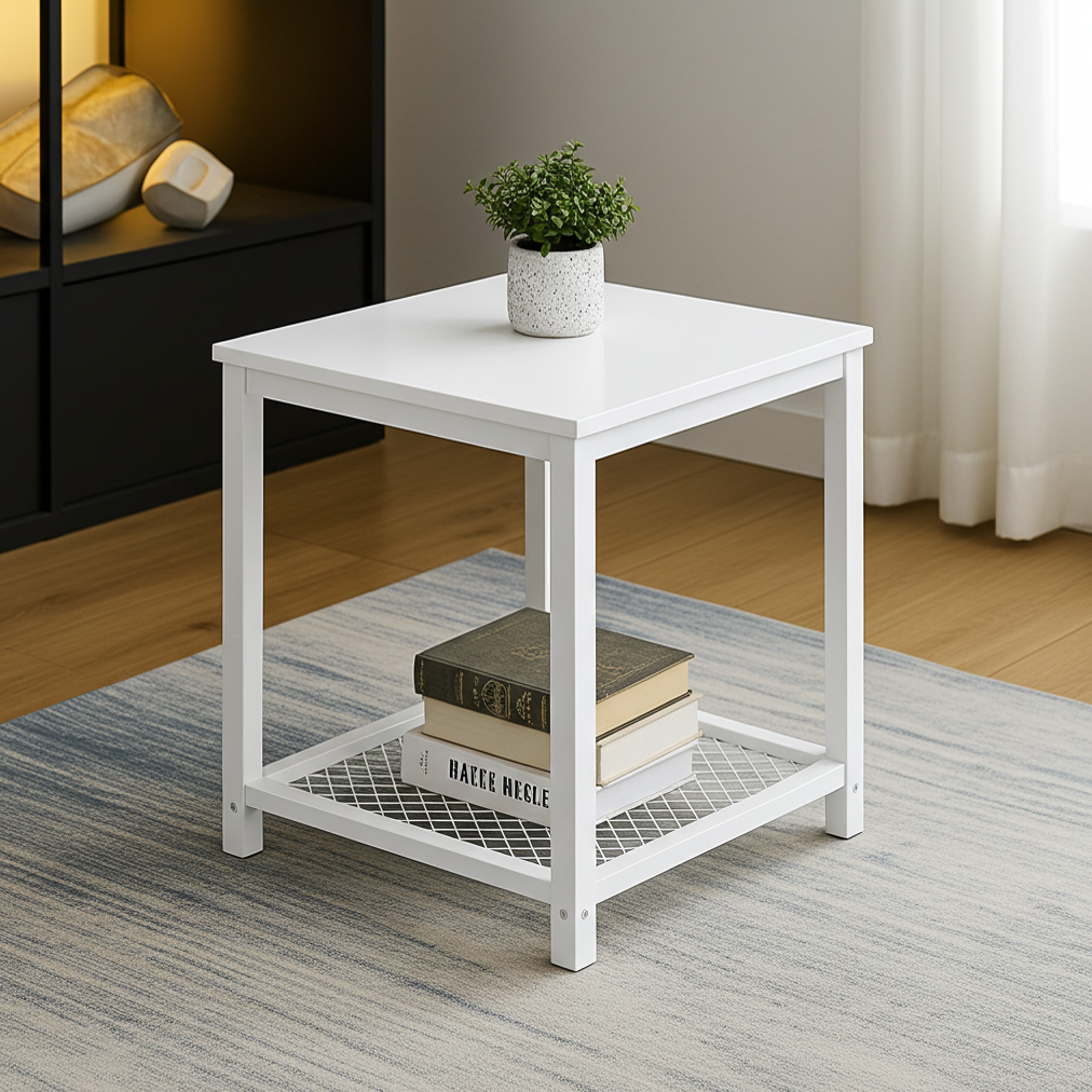 Loft White Industrial Wood & Steel Side Table with Storage Shelf