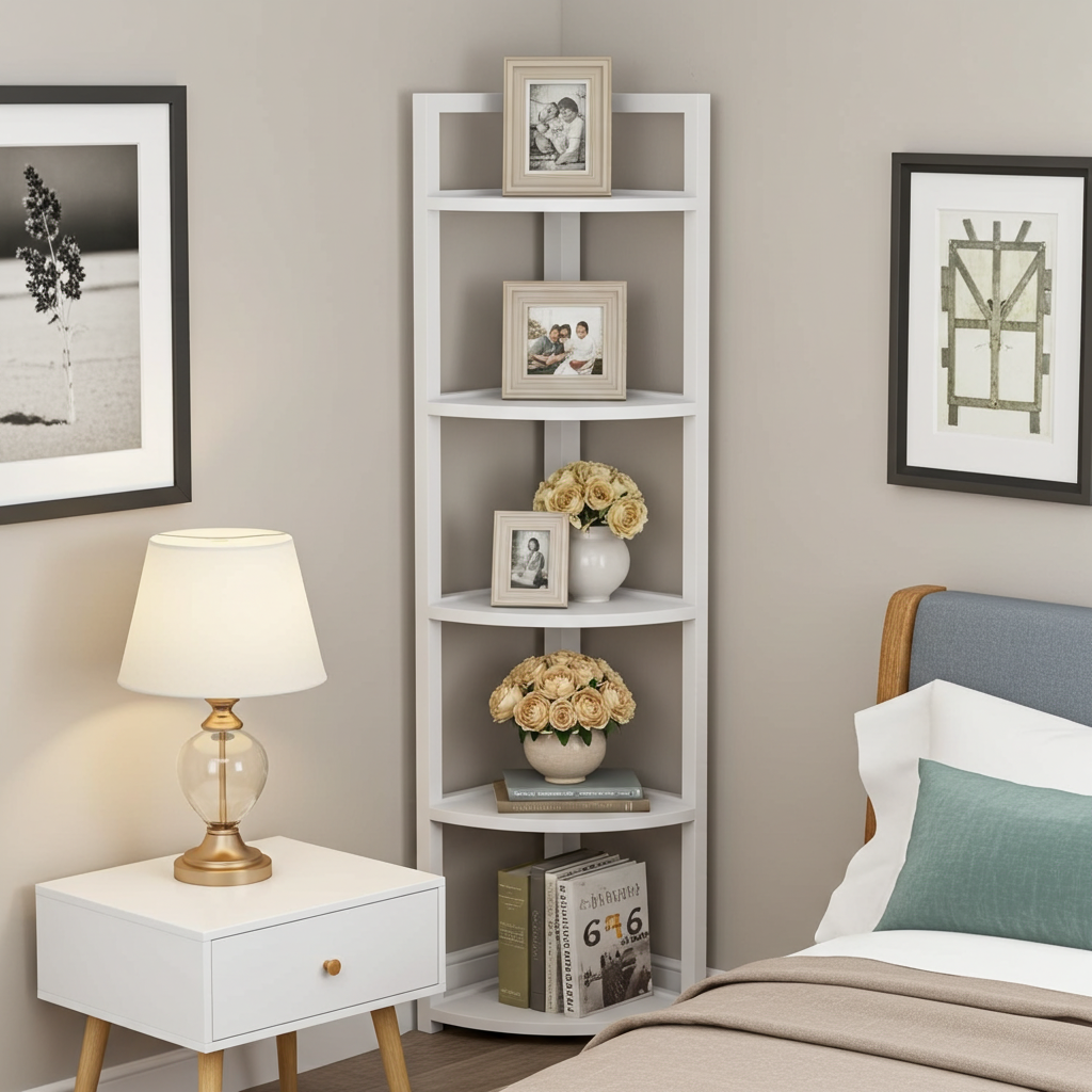 Optima 5 Tier Wood & Steel Corner Shelf Organizer Unit (White)