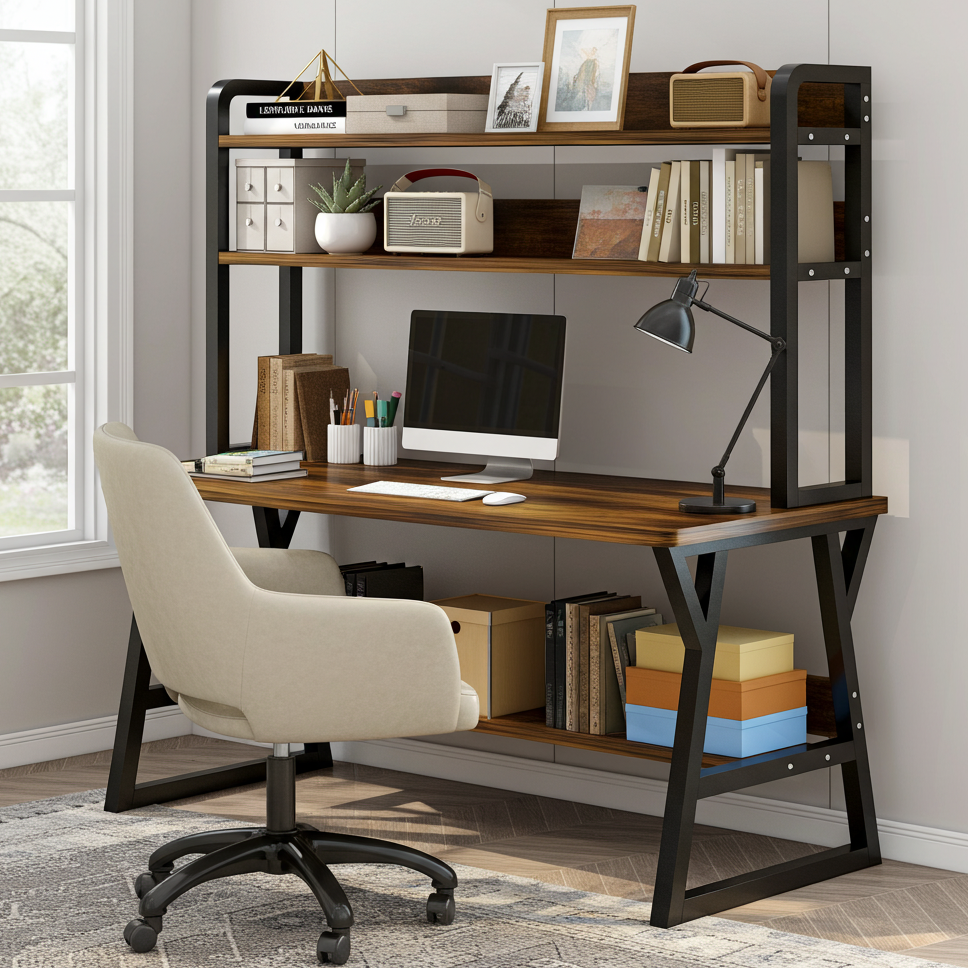 Aspire Large Industrial Office Computer Desk Workstation with Bookshelf (Rustic Wood)