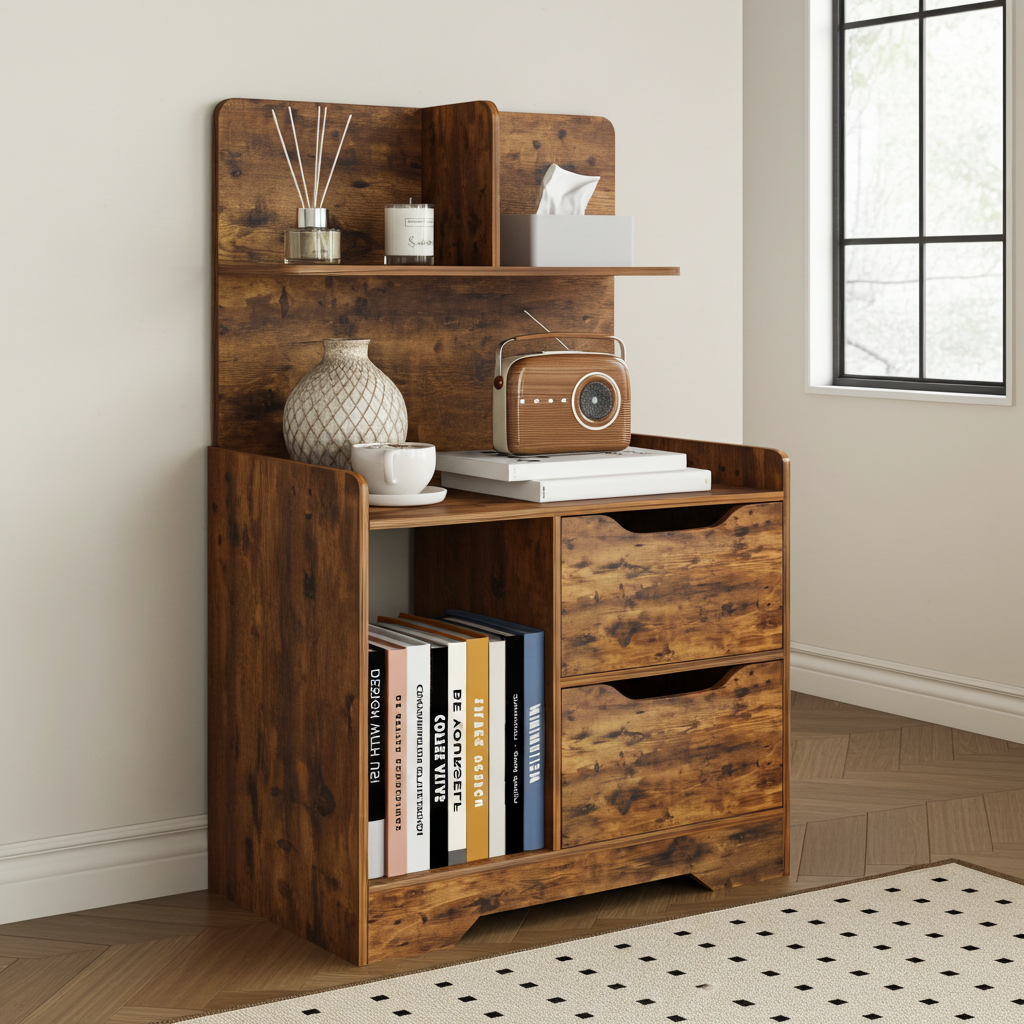 Harmony Tall Rustic Bed Side Table with Chest of Drawers and Shelf