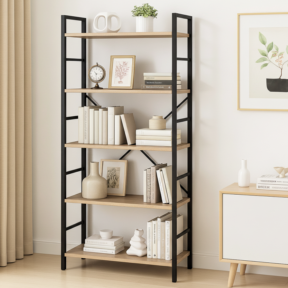 5 Tier Multifunction Heavy Duty Bookcase Wood & Steel Storage Shelf Organizer (Coastal Oak)